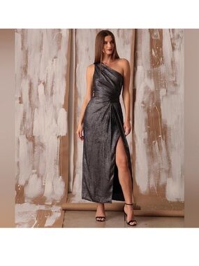 Maggy London One-Shoulder Metallic Charcoal Gown